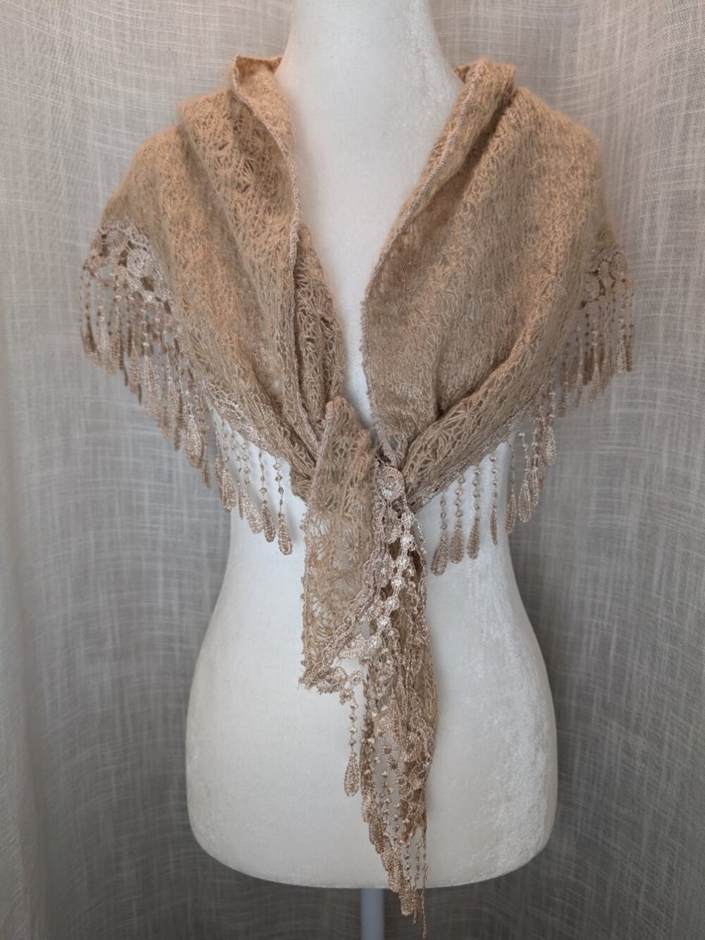 Beige Tasseled Knit Scarf - Picture 2 of 7